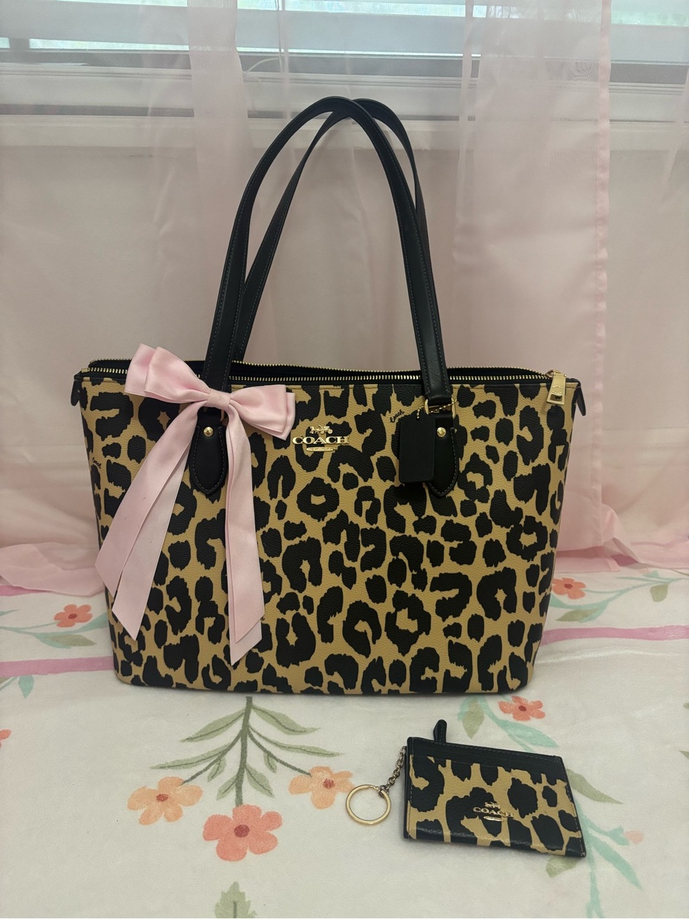 Coach Leopard-Print Tote with Pink Bow and Black Trim